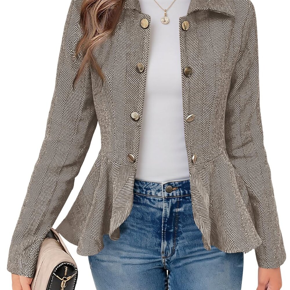 Elegant Herringbone Blazer Peplum Hem Open Front Business Office Chic